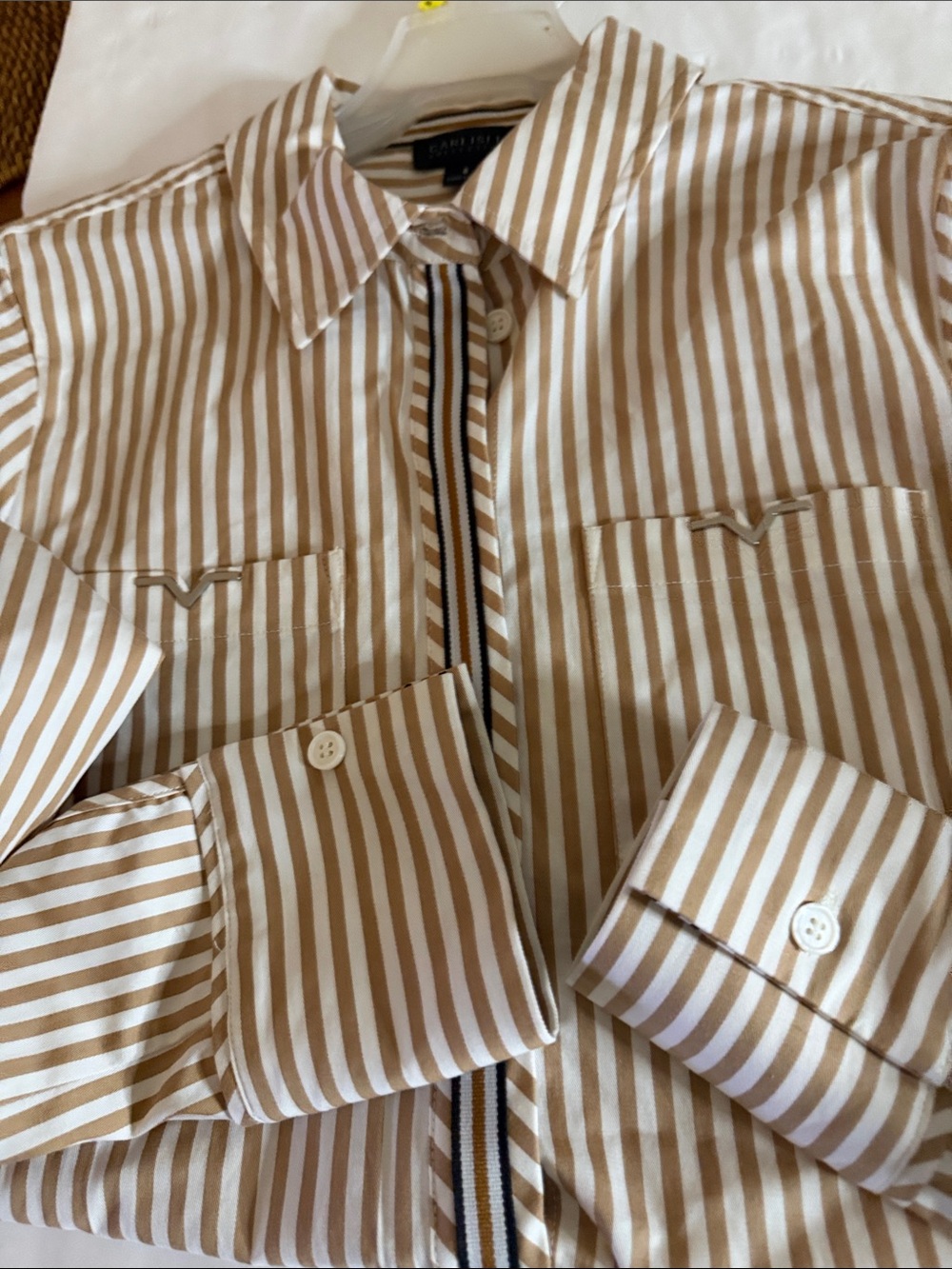 Carlisle  cotton Striped Top in Tan, White and Black with silver hardware size 6